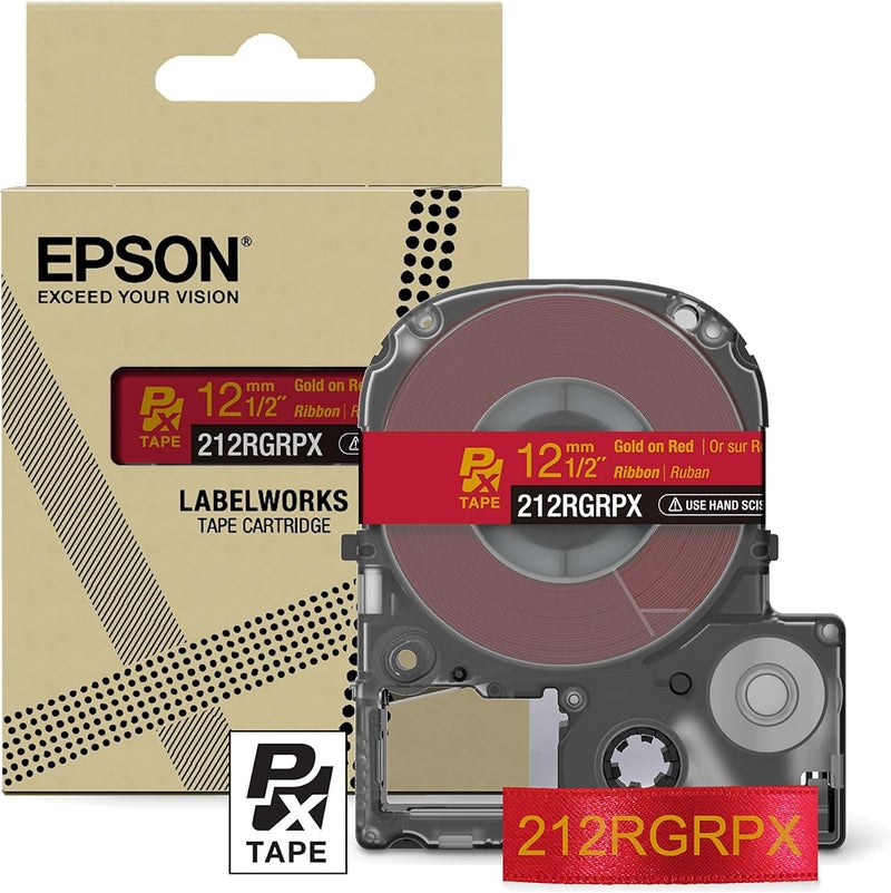 LABELWORKS Epson 212RGRPX Genuine PET (Polyester) Tape Cartridge - Gold on Red Ribbon Designer Craft Label Maker Tape - 1/2" (12MM) Wide, 16' - Image 1
